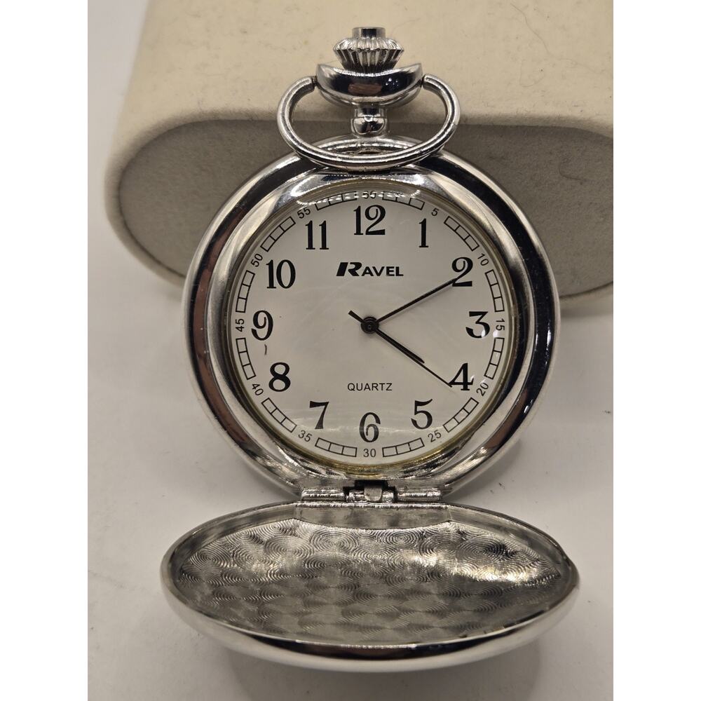 RAVEL POCKET WATCH-Chrome Lid/Clip-SILVER R1001.04. New Battery
